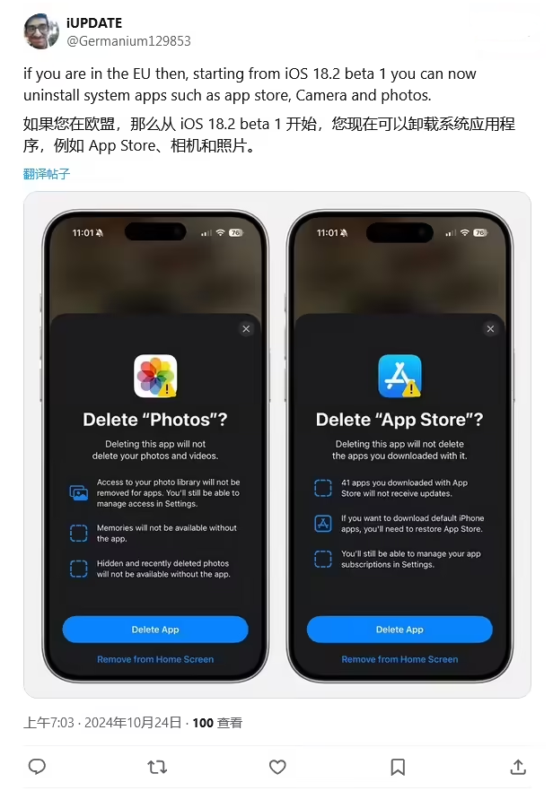 东湖苹果手机维修分享iOS 18.2 支持删除 App Store 应用商店 