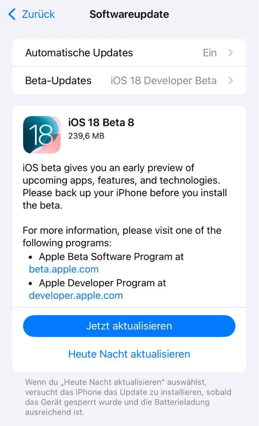 东湖苹果手机维修分享苹果 iOS / iPadOS 18 开发者预览版 Beta 8 发布 